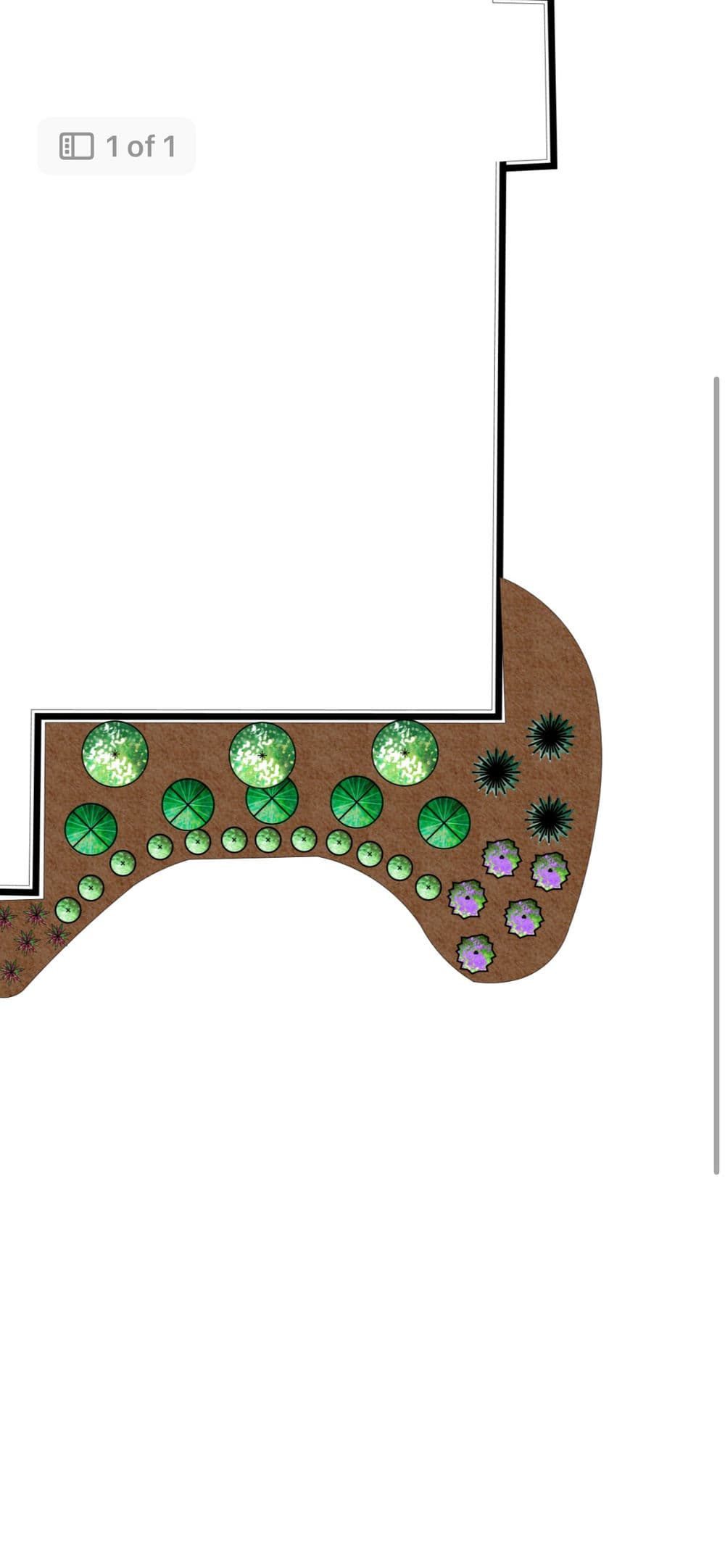Landscape design layout featuring various green plants and flowers in a curvy bed.